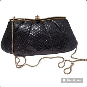 Vintage Judith Leiber 80's designer black snakeskin clutch gemstone clasp